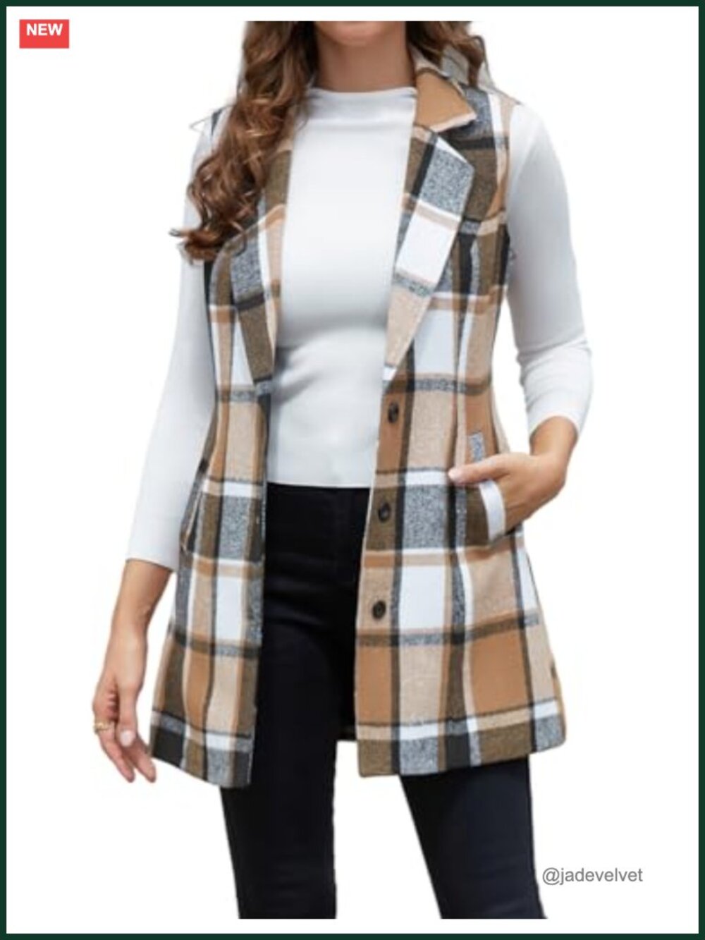 Womens Wool Plaid Long Vest Sleeveless Blazer Notch Lapel Button Side Pockets